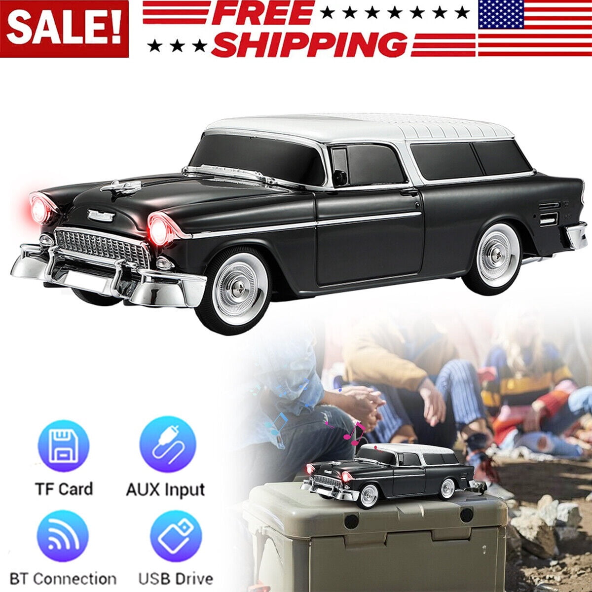 Portable Bluetooth Speaker Rechargable 1955 Vintage Retro Car Portable Wireless FM AUX USB Black