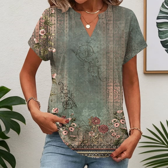 BOMYJESK Shirts for Women Short Sleeve Business Casual Basic Top Floral Print V Neck Fashion Blouses 2026 Summer Cute Loose Fit Outfits Army Green L