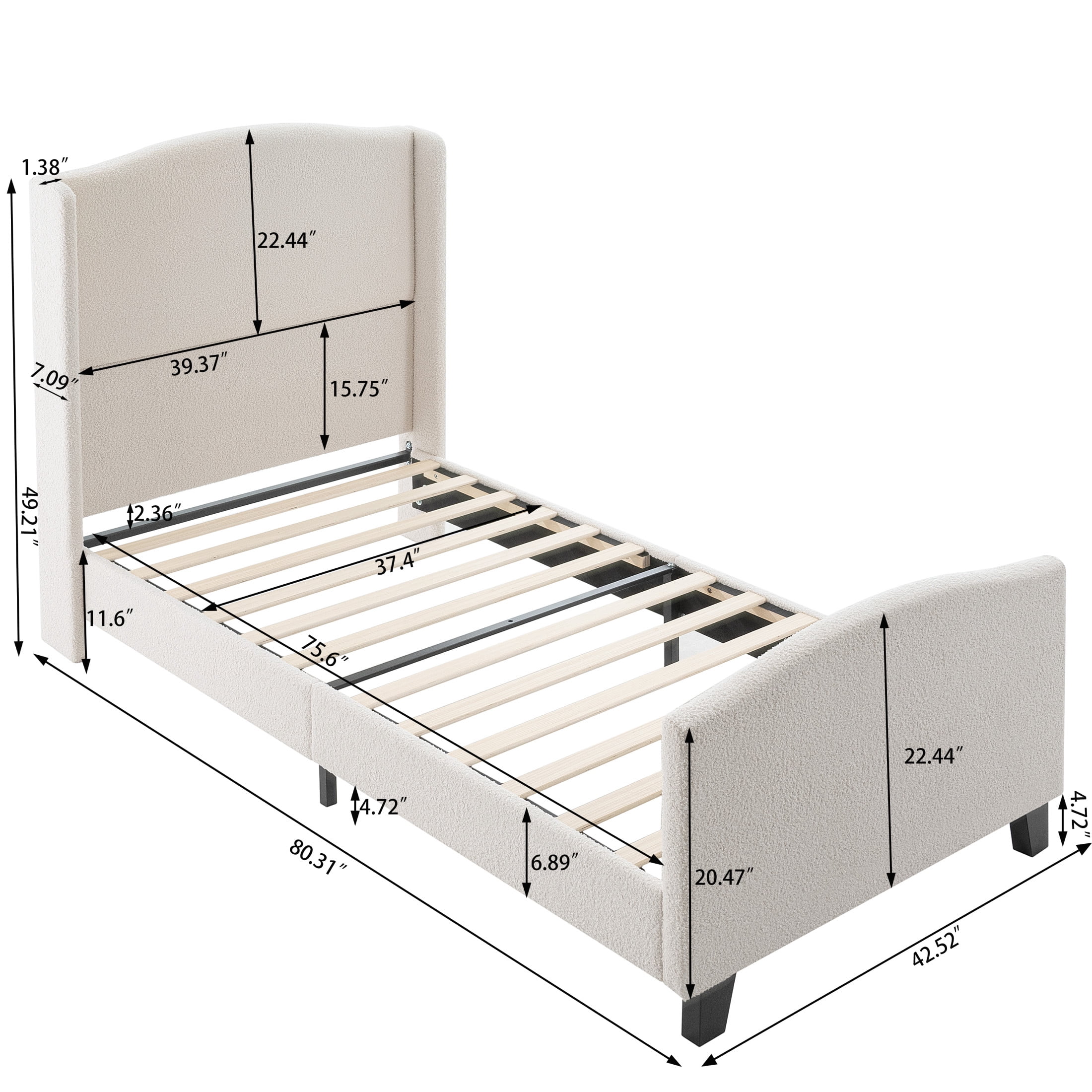 Noble House Diane Twin Size Upholstered Bed Frame, Teddy Velvet Headboard with Solid Wood Legs, Minimal Design, White