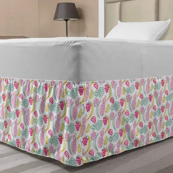 Fruit Art Bed Skirt, Colorful Outline Simple Drawing of Pineapple Grape and Banana Exotic Natural Food, Elastic Bedskirt Dust Ruffle Wrap Around for Bedding Decor, 4 Sizes, Multicolor, by Ambesonne