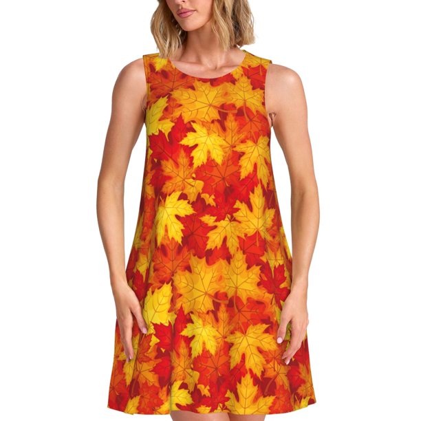 Disketp Vintage maple leaves autumn para Vestido sin Mangas para Mujeres, Vestidos de Verano para Mujeres, Casual y Holgado para la Playa