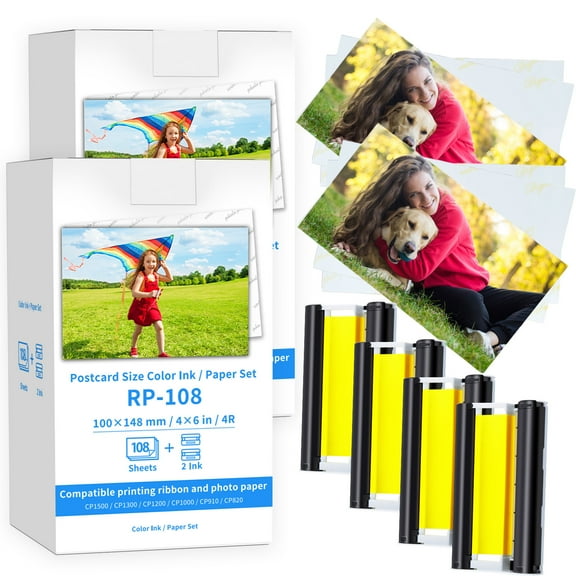Greencycle Compatible for Canon Selphy CP1500 Ink and Paper Set RP-108IN 4 Color Ink Cartridges and 216 Sheets 4x6 Photo Paper