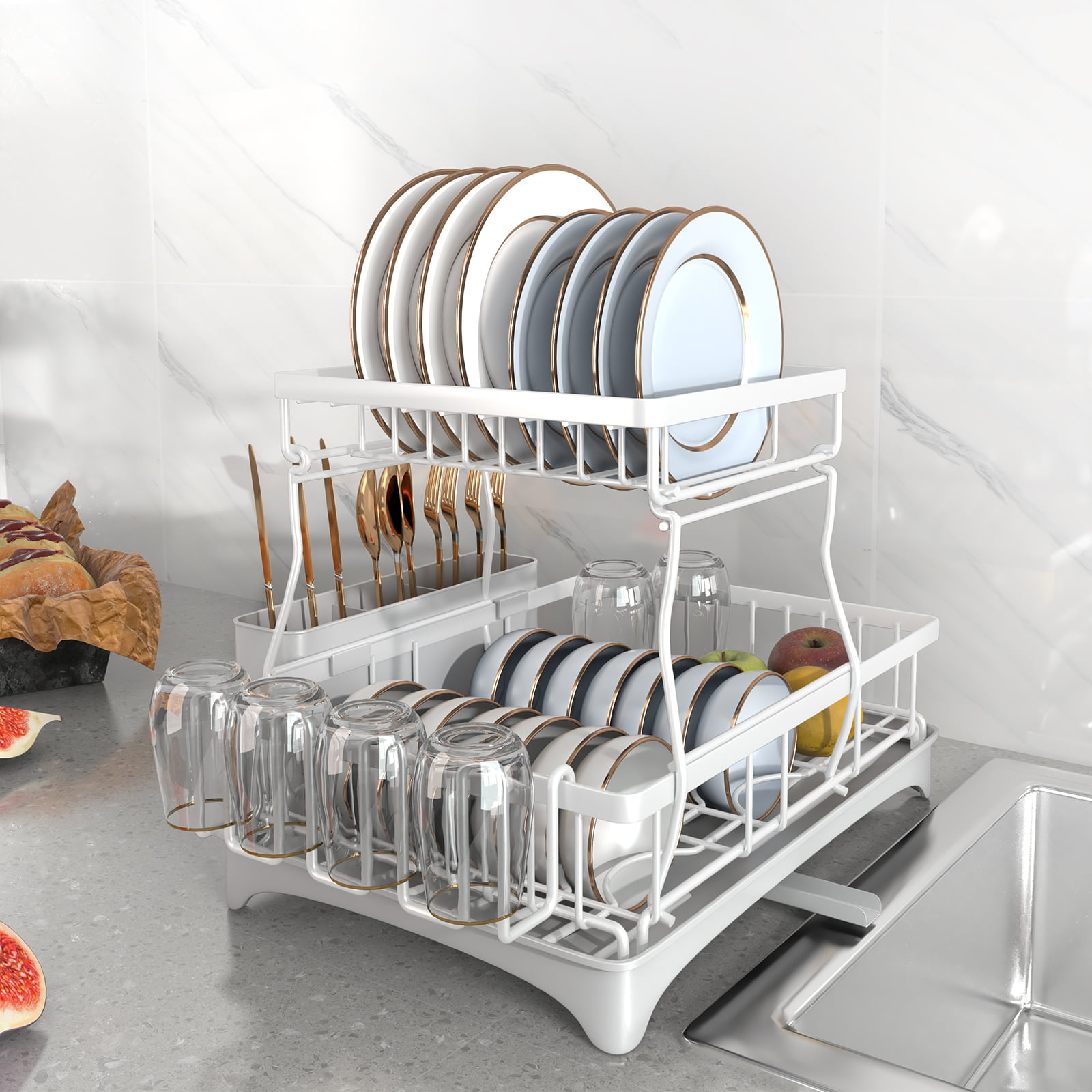 black Dish Drainer for fashion Kitchen Counter 2 Tier Dish Rack with Trays Utensil Holder Rustproof OOTORI Over The Sink Dish Drying Rack 