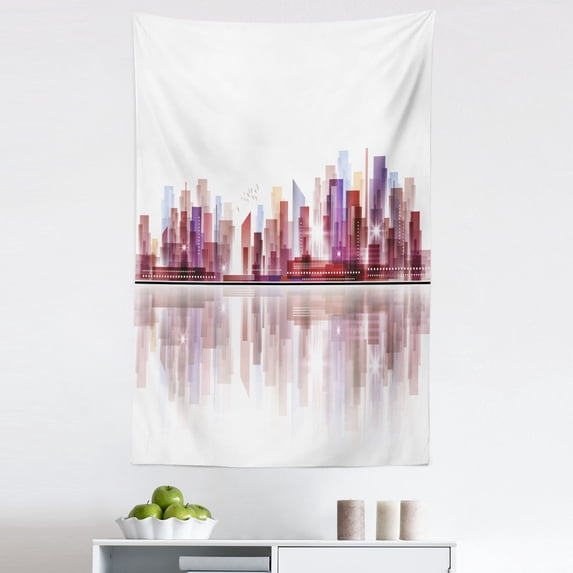 City Tapestry, Landscape Modern Skyscrapers Metropolitan Silhouette Illustration Abstract Composition, Fabric Wall Hanging Decor for Bedroom Living Room Dorm, 5 Sizes, Multicolor, by Ambesonne