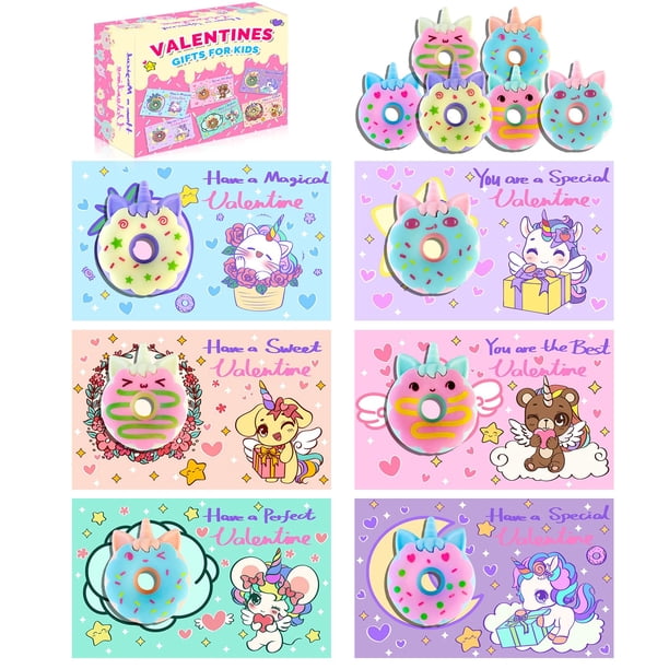Gomas de borrar con forma de unicornio y rosquilla de San Valentín con tarjetas, paquete de 30 para niños