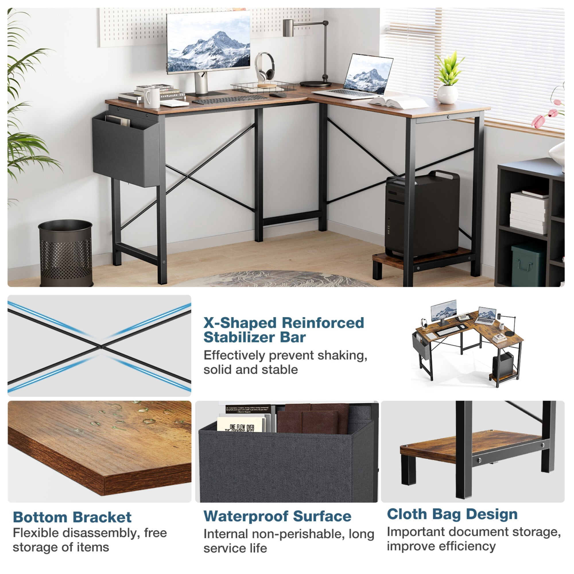 AENKYO 50" Reversible L-Shaped Computer Desk with Storage Bag & CPU Stand, Corner Desk for Home Office or Gaming, Rustic Brown
