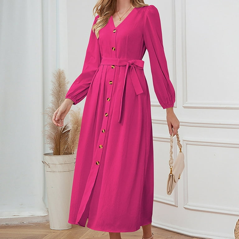 Busydd Womens Fall Dresses V Neck Cocktail Dress Fashion Button Down Homecoming  Dresses Solid Color Tunic Wedding Guest Dress Bow Tie Maxi Dress Casual  Flowy Long Sleeve Dress - Walmart.com