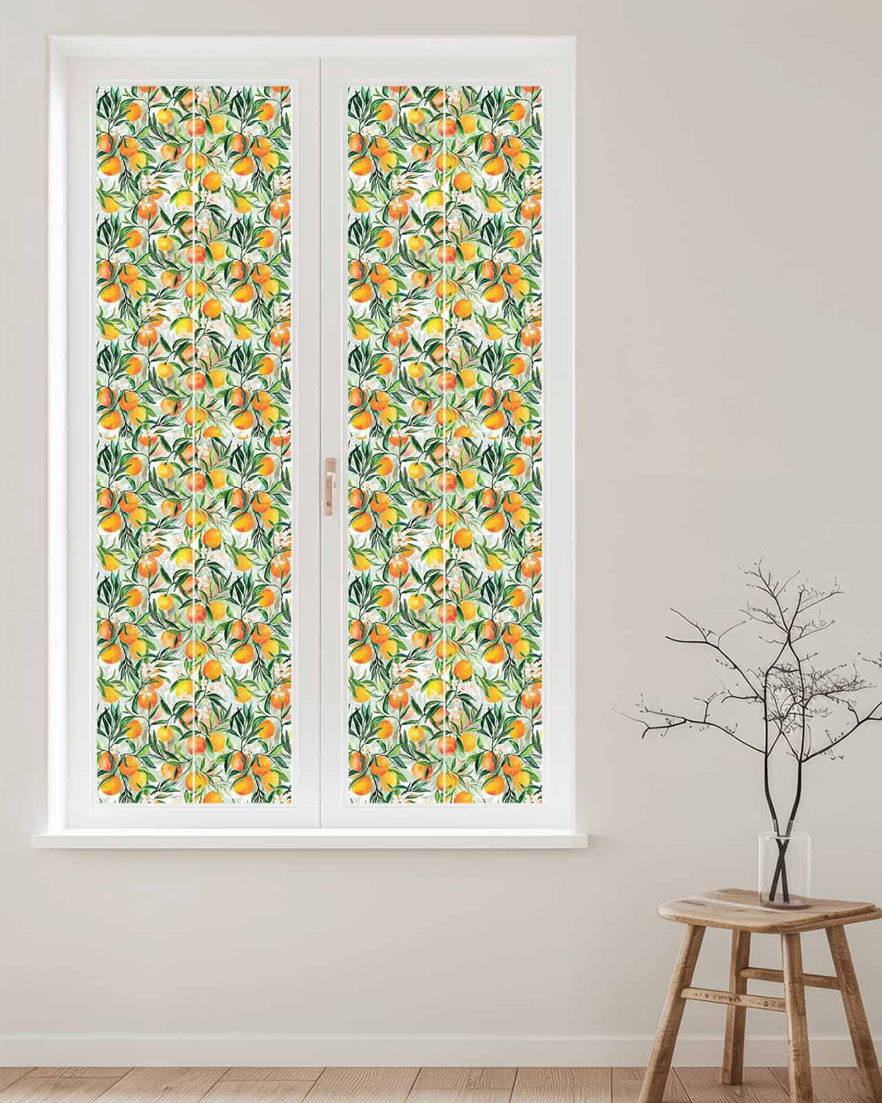 Window Privacy Film Summer Orange Stained Glass Window Film Decorative Sun Block Window Cover Pastoral Fruit Botanical Flowers Window Clings Static Adhesive Sticker for Bathroom 23.6"x78.7"