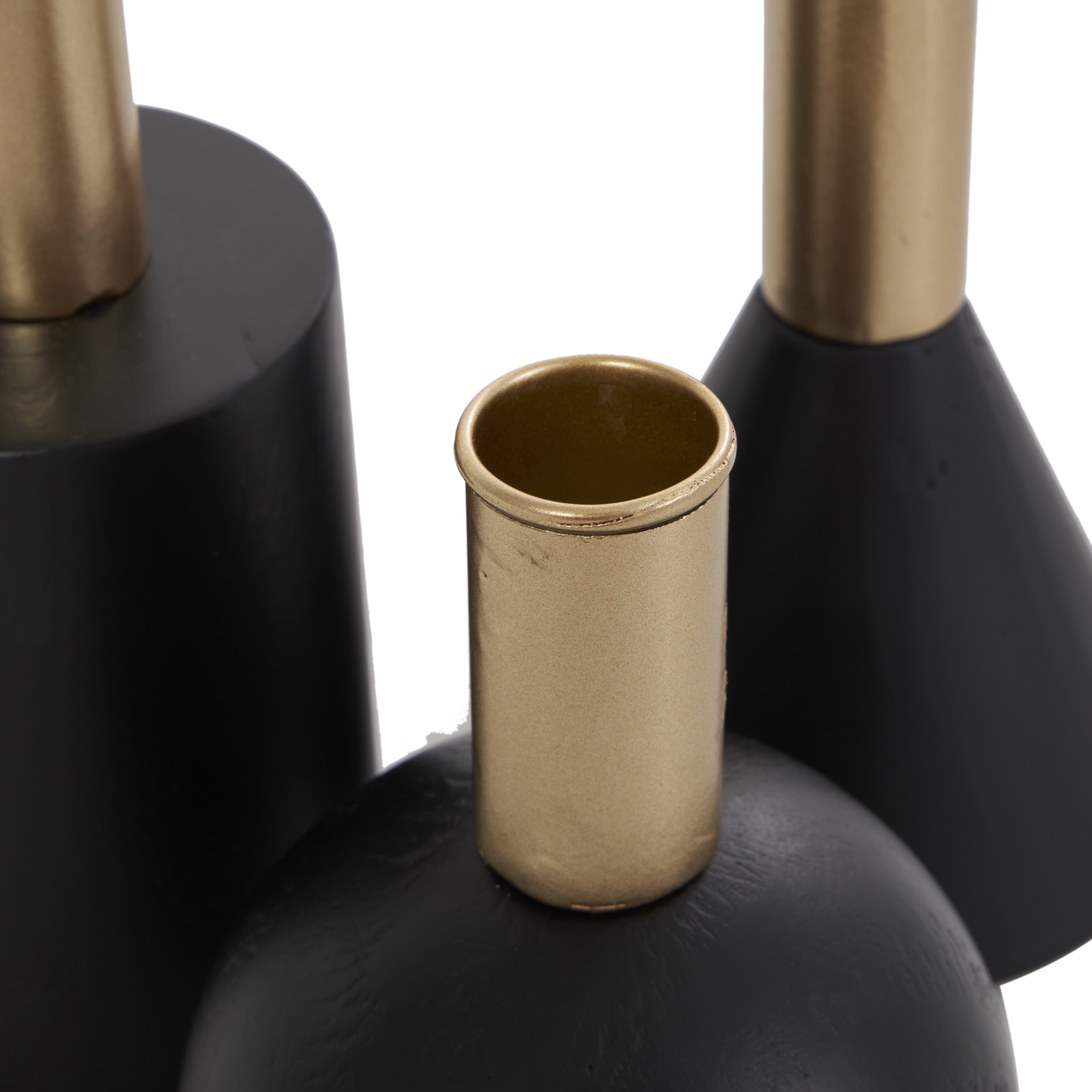 DecMode 3 Candle Black Wood Geometric Candle Holder with Varying Shapes and Gold Accents, Set of 3