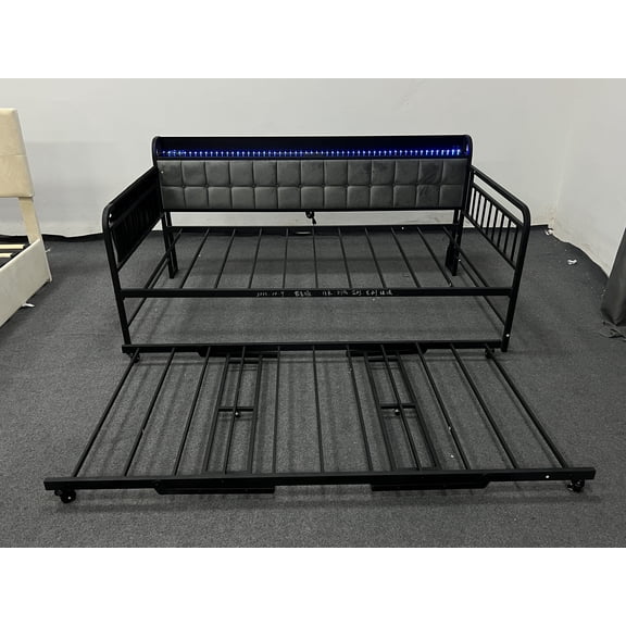 Twin Daybed with Trundle – Upholstered Sofa Bed Frame with Charging Station, LED Lights, Storage Headboard, Side Pockets, Steel Slats, Casters, No Box Spring Needed
