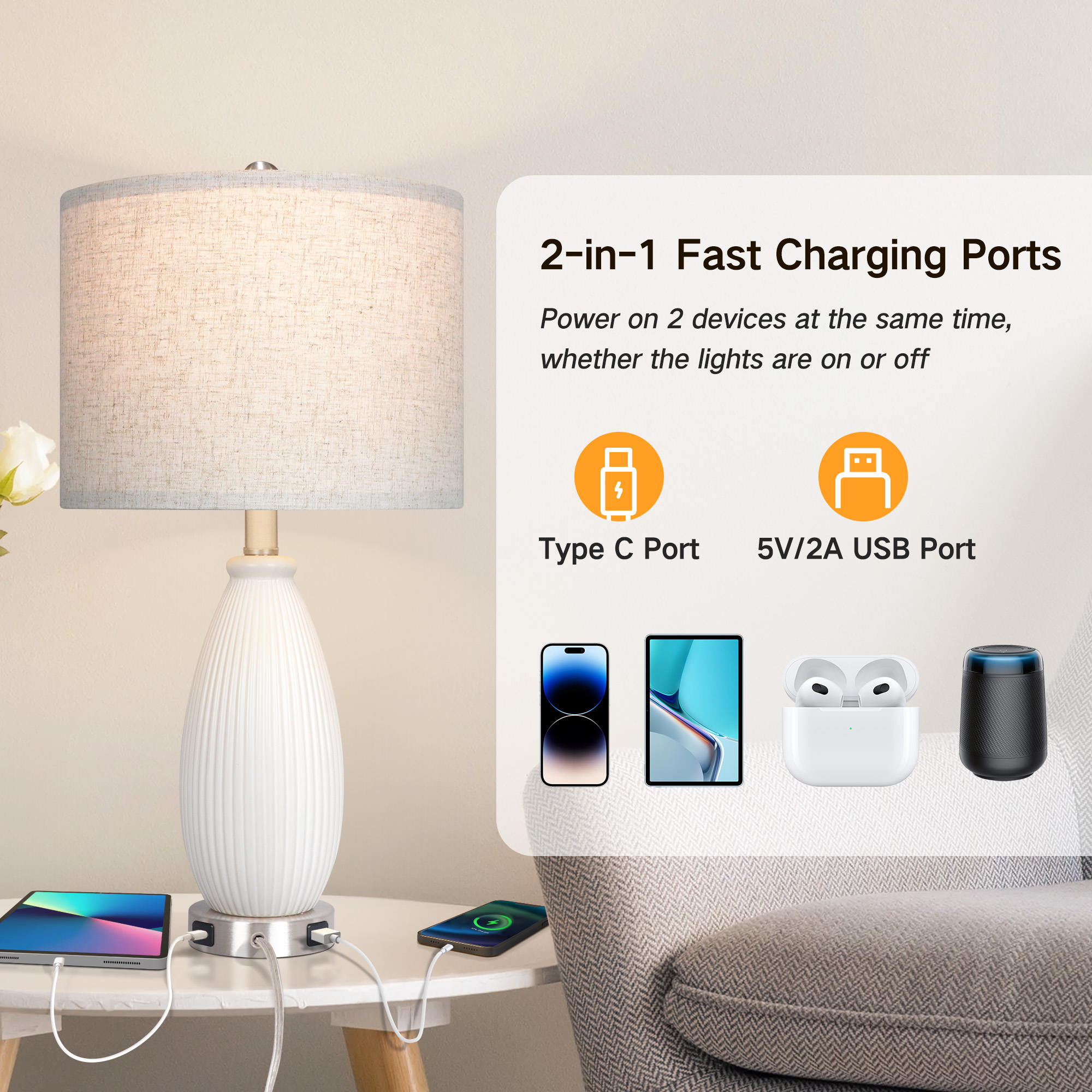 OUTON 23.5'' Table Lamps for Bedrooms Set of 2, 3-Way Dimmable Ceramic Bedside Lamp with USB C+A Ports for Nightstand - image 3 of 11