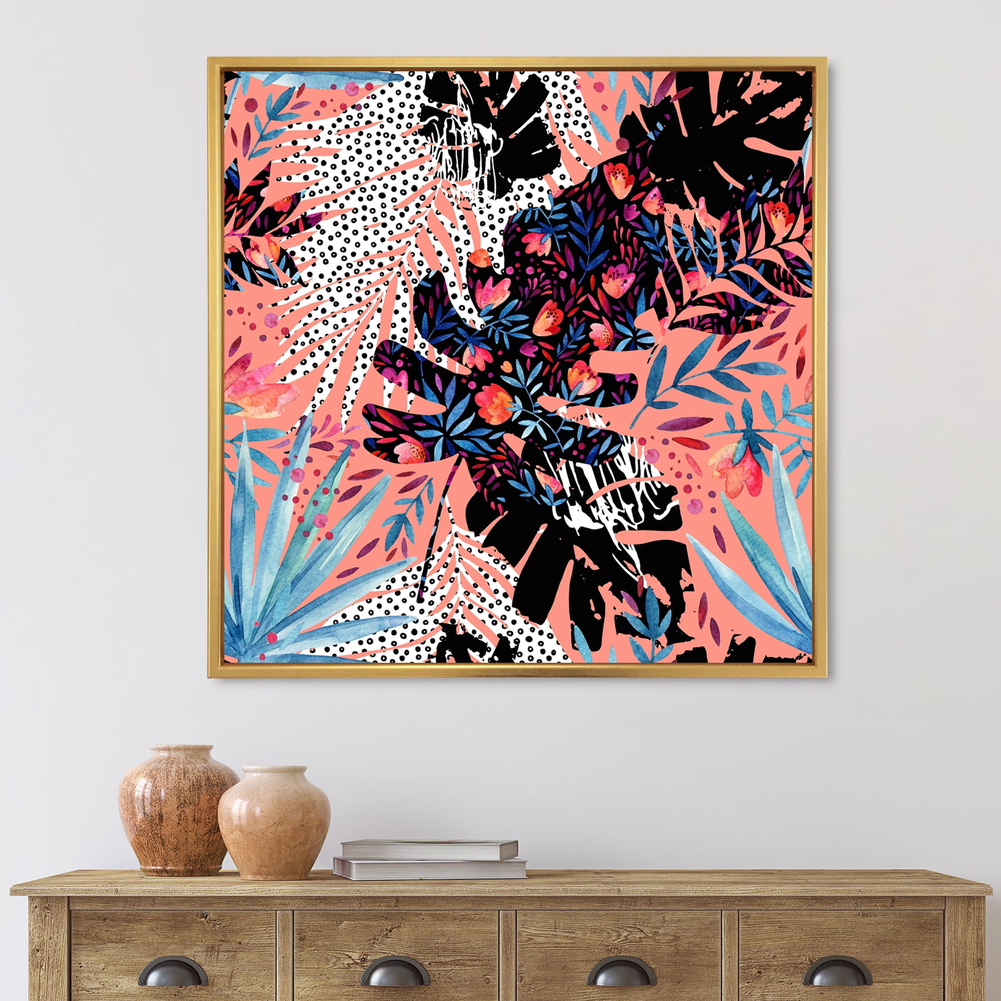 Designart 'Abstract Tropical Floral Patchwork II' Tropical Framed Canvas Wall Art Print