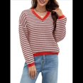 thumbnail image 2 of Suéter de Rayas de Larga para Mujer, Cuello en V, Bloque de Color, Punto Suave, Jersey de Moda Marrón y XXL, 2 of 8