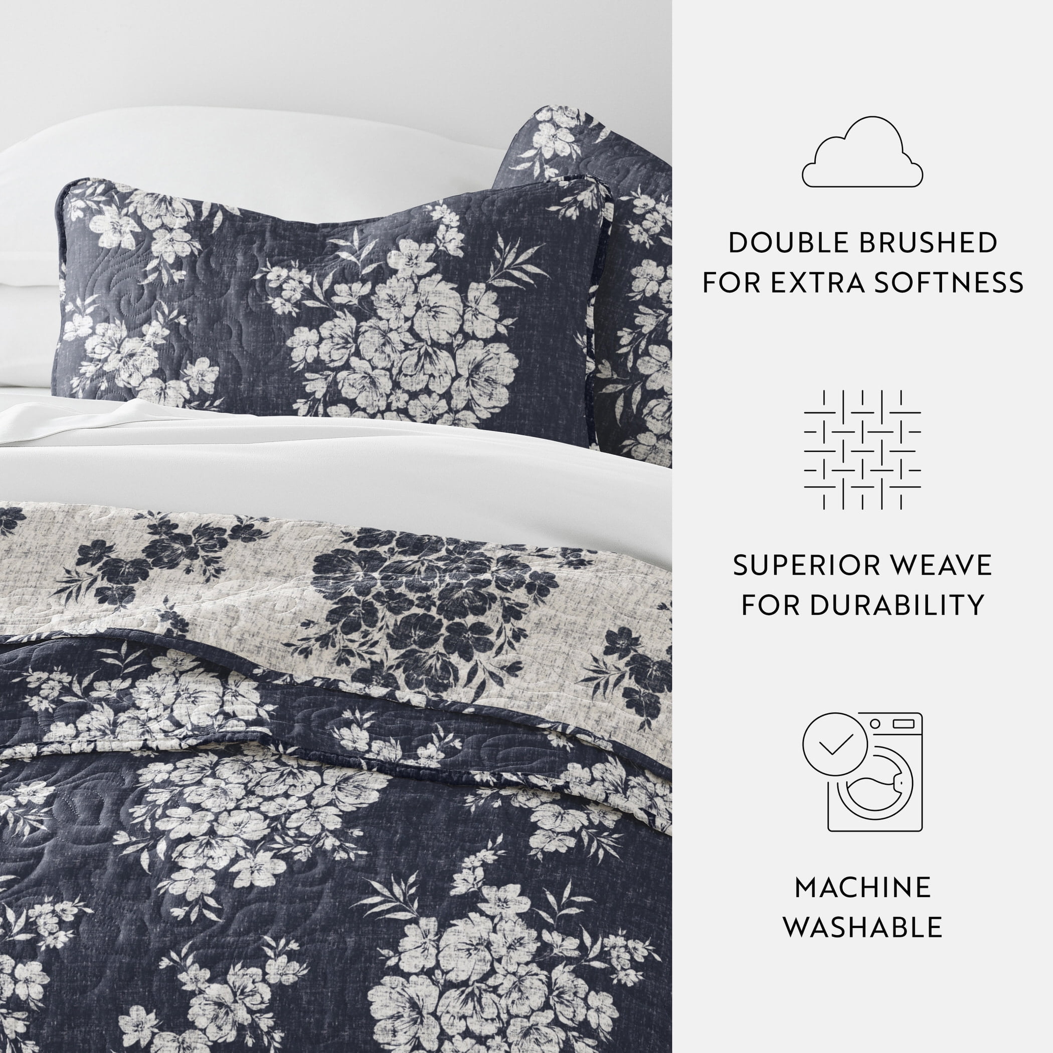Noble Linens 3-Piece Navy Distressed Bouquet Reversible Quilt Set, King