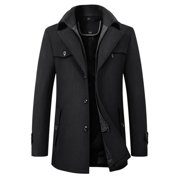 Mens Long Trench Coat Slim Fit Double Long Jacket Notched Lapel Belt Fall Windproof Coat Business Clothes, Black, Size XL