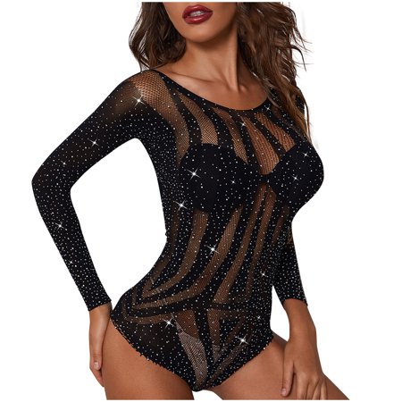 

Qcmgmg Teddy Babydoll for Women Sexy Mesh See Through Lingerie Hollow Out Bodysuit One Size