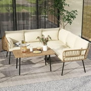 XH Patio Furniture Set, 4 Pieces Outdoor Patio Conversation Set, All-Weather PE Rattan Sectional L-Shaped Sofa with Soft Cushion and Side Table for Backyard, Porch, Boho Detachable Lounger (Beige)