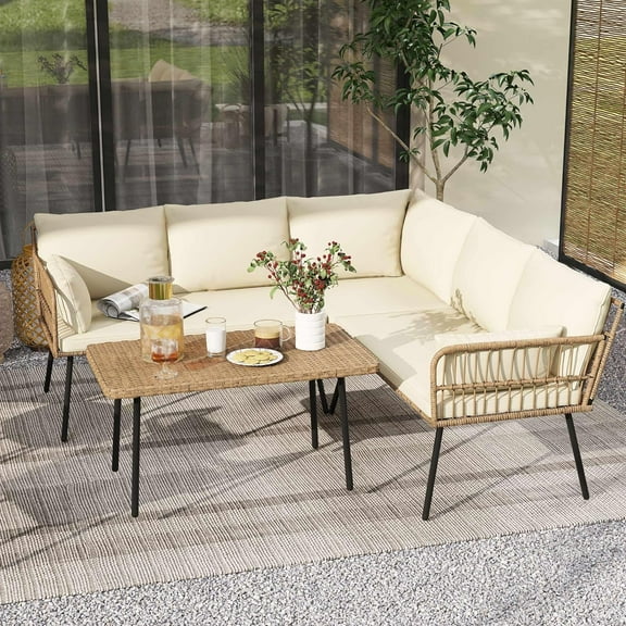 XH Patio Furniture Set, 4 Pieces Outdoor Patio Conversation Set, All-Weather PE Rattan Sectional L-Shaped Sofa with Soft Cushion and Side Table for Backyard, Porch, Boho Detachable Lounger (Beige)