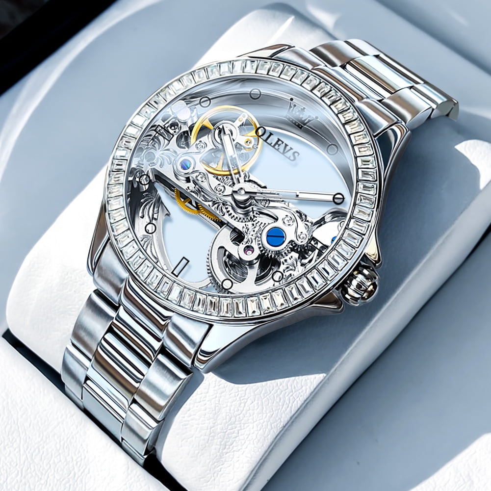 OLEVS Automatic Watches for Womens Mechanical Diamond Skeleton Self Winding Stainless Steel Luxury Dress Waterproof Luminous Ladies Watches Womens Wrist Watches Gift Reloj Para Mujer