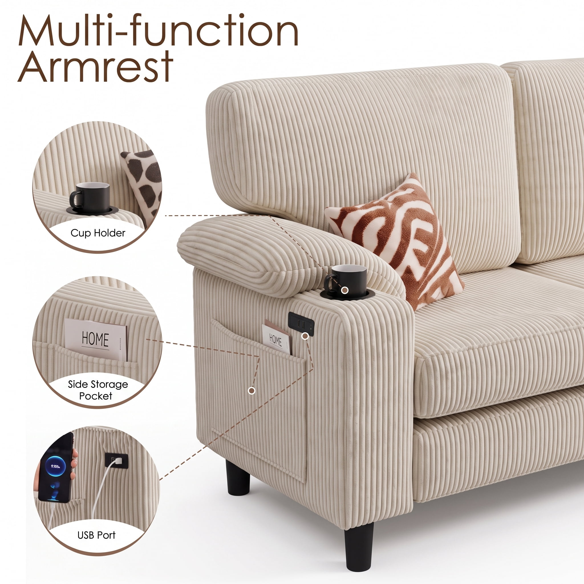 Xiweot 80" L Shaped Sectional Sofa, 3 Seater Convertible Couch with Storage Ottoman, Charging Ports & Cup Holders, Corduroy Comfy Upholstered Sofa for Living Room Apartment, Beige
