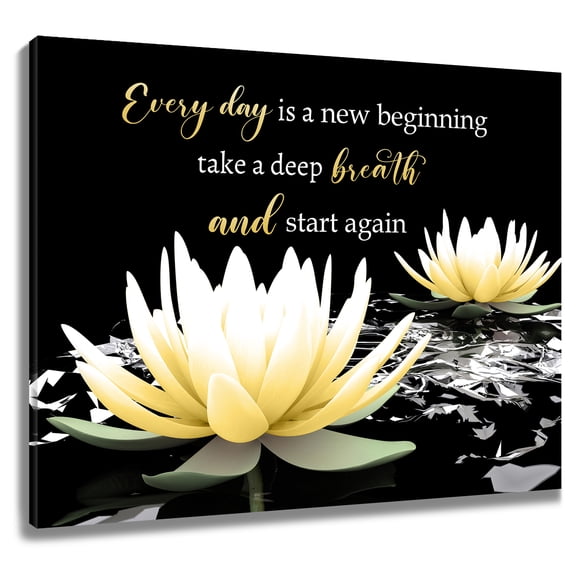 HVEST Yellow Flower Wall Art Inspirational Quotes with Water Lily Canvas Wall Art Zen Yoga Modern Black Framed Wall Decor for Living Room Bathroom Bedroom Home, 12 X 12 inches