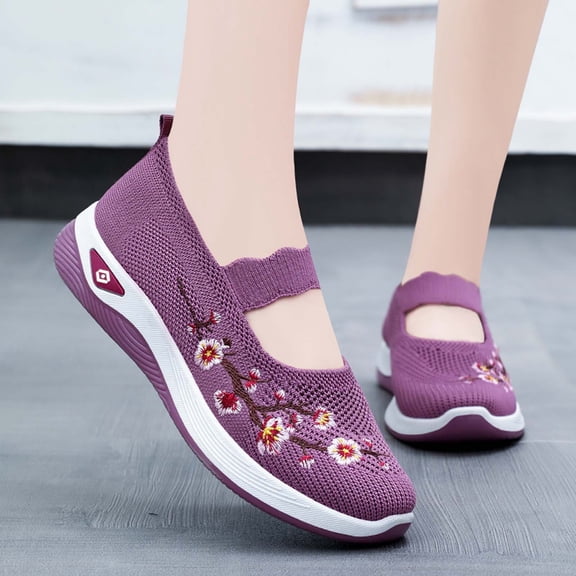 EliteGoogv Womens Casual Sneakers Round Toe Slip On Embroidered Shoes for Women Summer Flat Sole Walking Everyday Footwear US :6