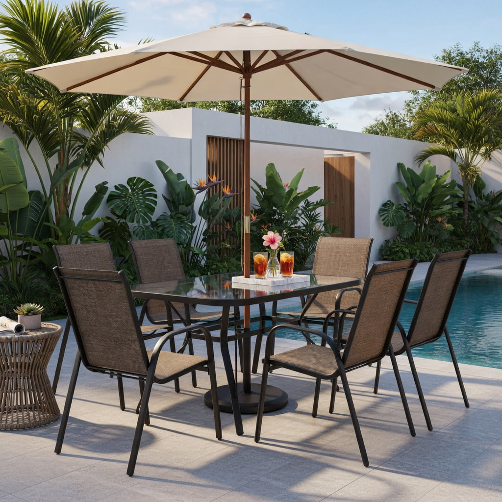 Hommoo 6-Pack Stackable Outdoor Dining Chairs, Breathable Fabric Seat, Curved Armrests, Heavy-Duty Steel Frame, Ideal for Patio, Backyard, Poolside & Balcony, Brown
