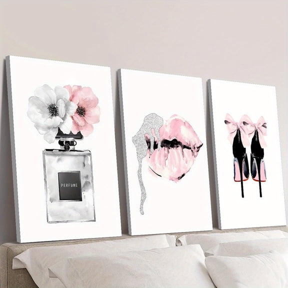 3pcs wood framed canvas print art, Watercolor fashion female art, gorgeous pink flowers perfume handbag high heels lips painting, girl bedroom decoration,