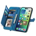 thumbnail image 5 of SaniMore Case for iPhone 14 Pro 6.1" 2022, PU Leather Zipper Wallet Detachable Lanyard Retro Embossed Flower Crad Slots Flip Kickstand Full Body Protective Drop-proof Case For iPhone 14 Pro, Blue, 5 of 15