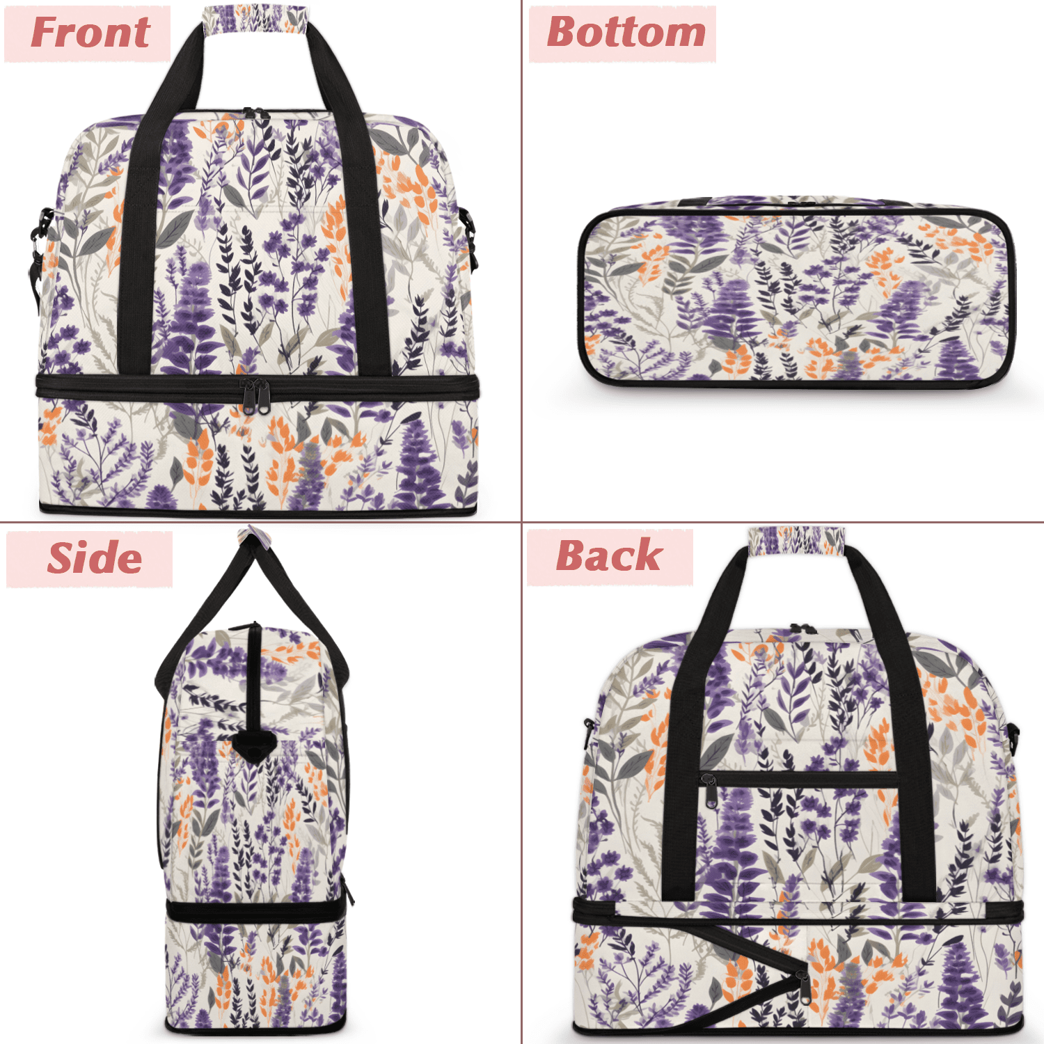 Herdesigns Floral Foldable Travel Duffle Bag for Women and Men Lightweight Carry On Overnight Bag Lavender Gym Luggage Weekender Bags with Shoe Compartment