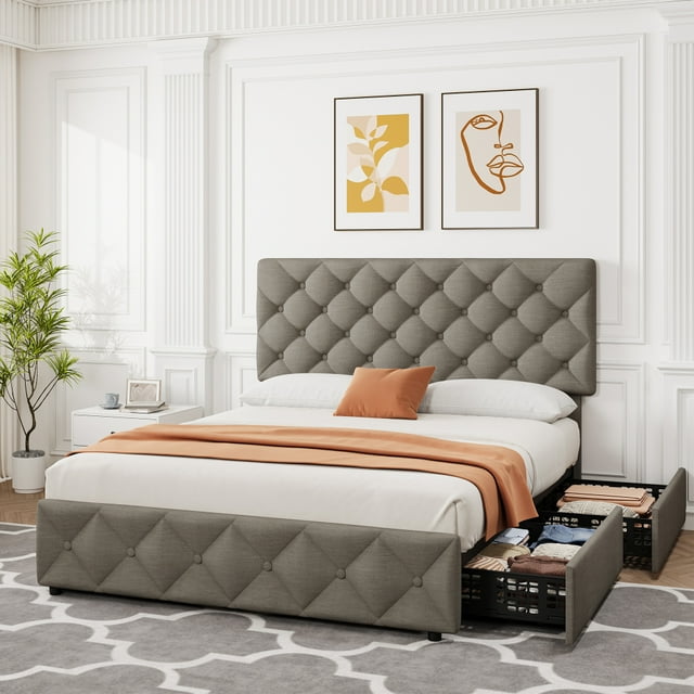 Ourlova Queen Size Bed Frame with 4 Storage Drawers, Linen Upholstered Platform Bed Frame with Adjustable Headboard, Diamond Stitched Button Tufted