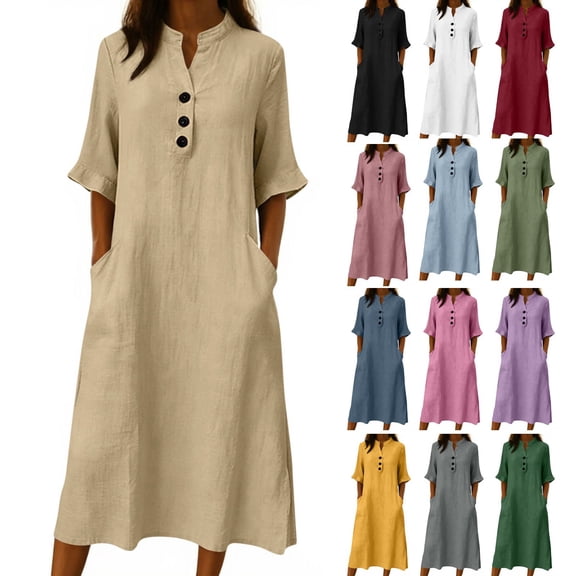 Husipze Womens Summer Cotton Midi Dress Elbow Length Sleeve Button Front V Neck Casual Loose Dress with Pockets Khaki XL