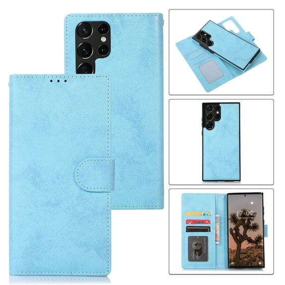 SaniMore for Samsung Galaxy S23 Ultra 6.8" 2023 Case, Flip Folio PU Leather Wallet Cover with Detachable Shell Wrist Strap Kickstand Card Slots Business Shockproof Case with Magnetic Clasp, Lightblue