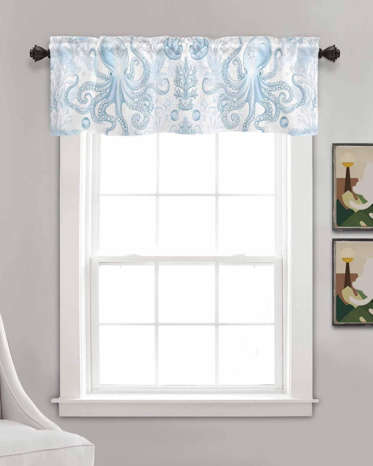 Blue Coastal Octopus Kitchen Valances for Windows Farmhouse Linen Window Valance Curtain for Living Room Window Treatment Summer Watercolor Coral Valance Rod Pocket Topper Drape, 54 x 18 Inch