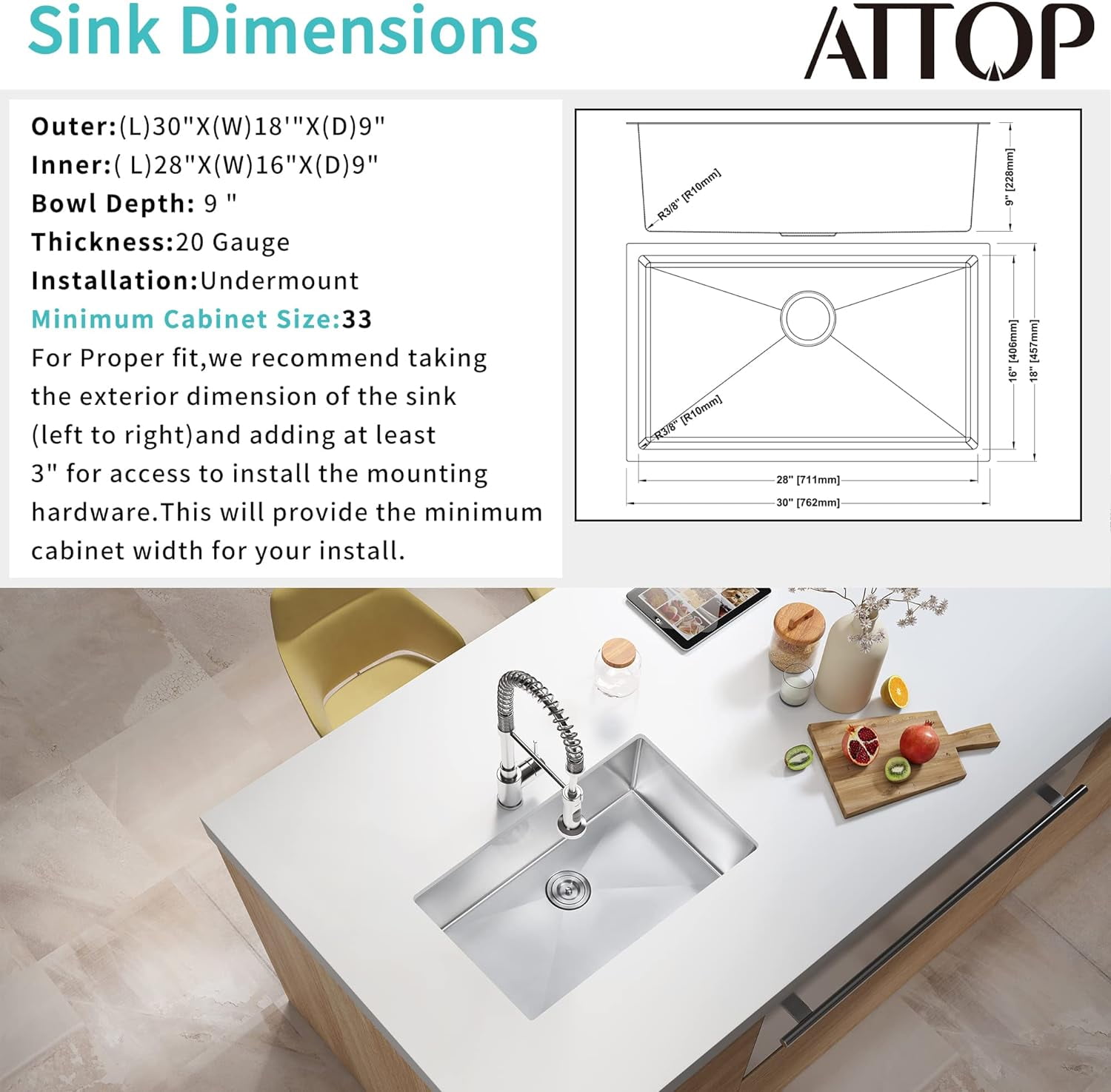 食器 mmm Undermount Kitchen Sink Single Bowl,Nano Coating 30 Inch