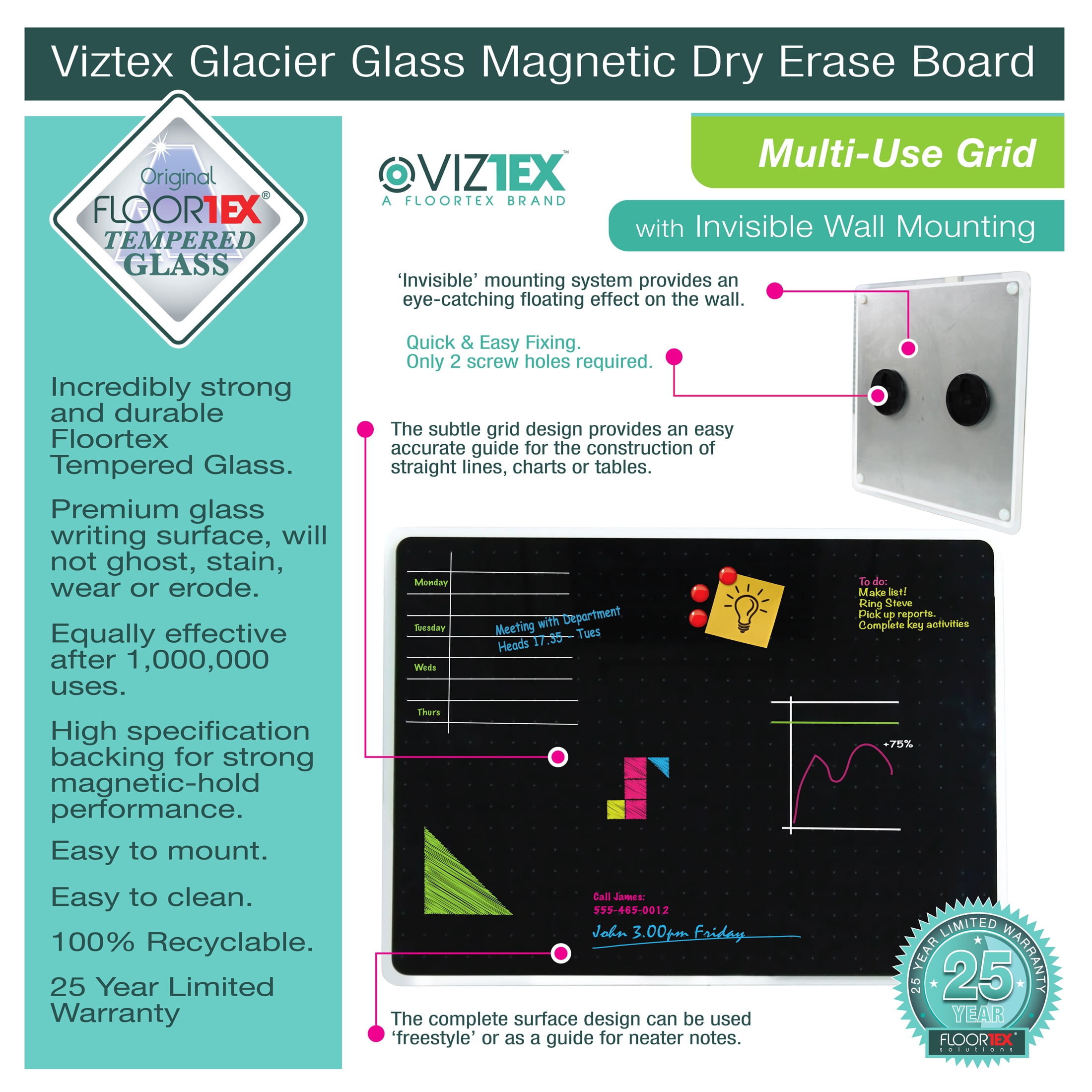 Viztex® Glacier White Multi-Purpose Grid Glass Dry Erase Board 17" x 23"