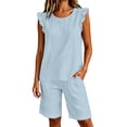 thumbnail image 7 of BODOAO Women's Fashion Jumpsuit Ruffle Sleeve Crew Neck Romper Drawstring Overalls with Pockets, Casual Summer Travel Beach Vacation One Piece Outfit for Daily Wear Outfit Light Blue XL, 7 of 7