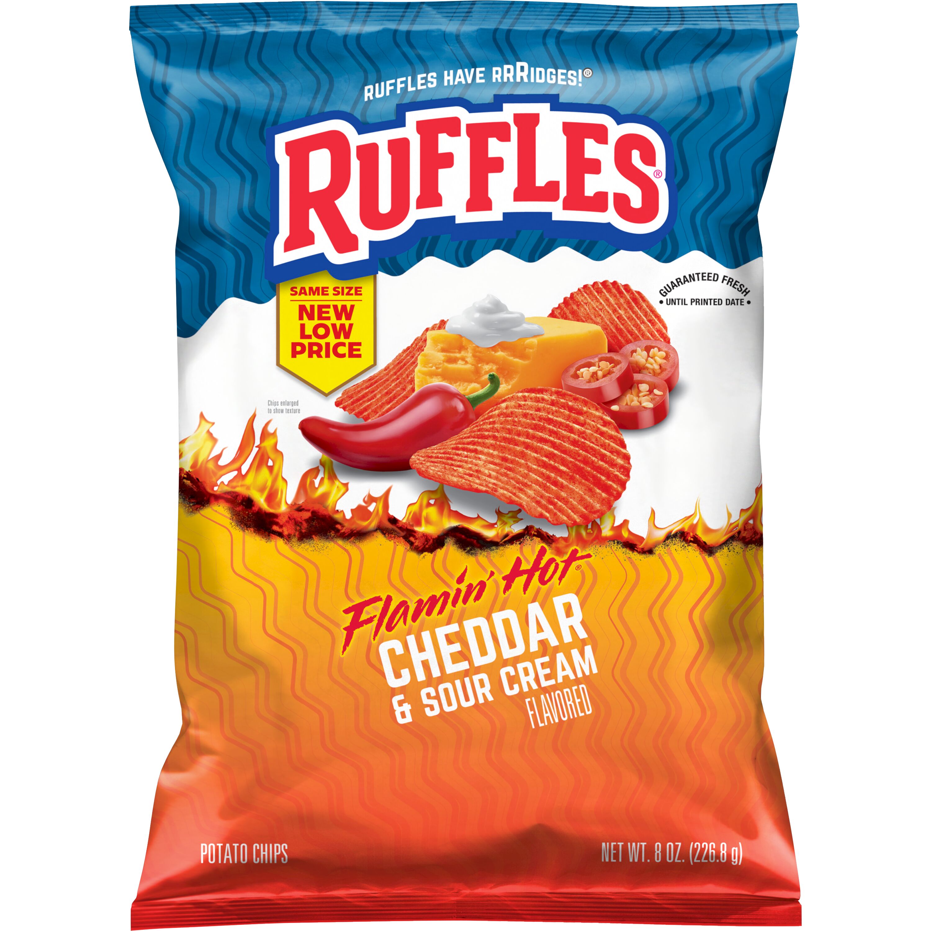 Ruffles Flamin' Hot Cheddar and Sour Cream Flavored Potato Snack Chips, 8 Ounce Bag