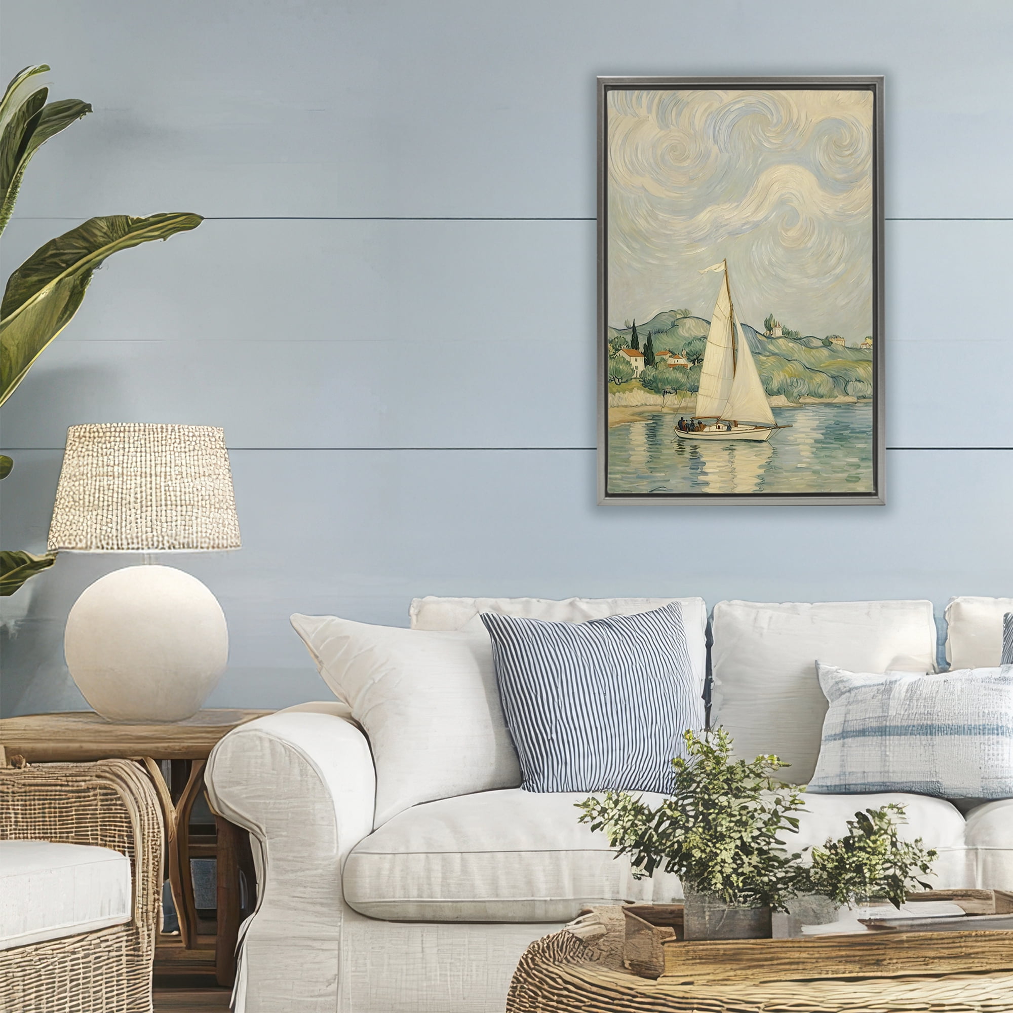 Stupell Industries Sailboat Beneath Swirling Clouds Gray Framed Floater Canvas Wall Art, design by Angie Hawke