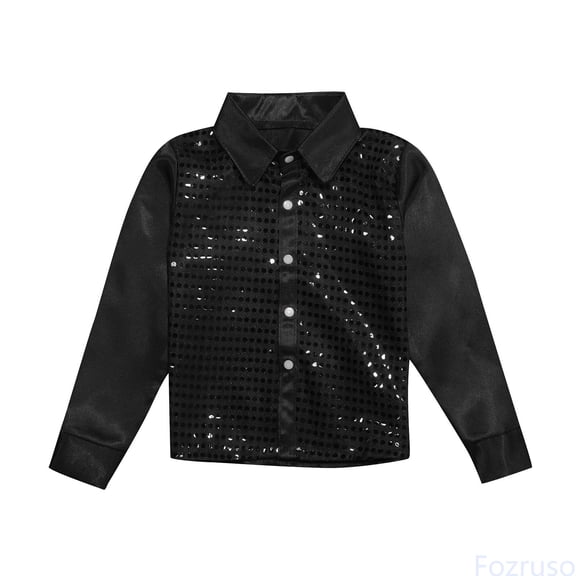 Fozruso Kids Boys Sparkly Sequins Dance Long Sleeve Button Down Shirts For Dance Performance School School Casual Sizes 3-4 Years