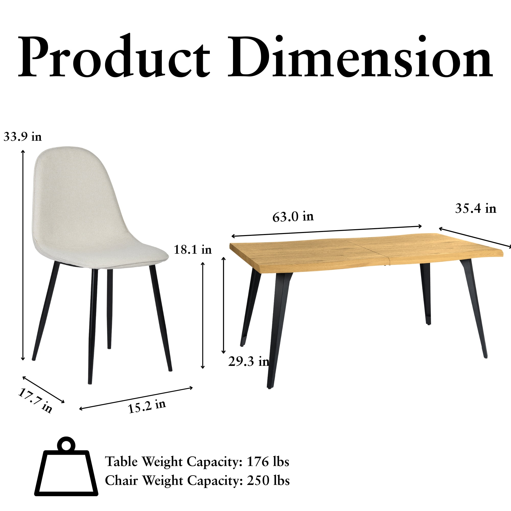Ensemble de table à manger Homy Casa 160 cm naturel avec 4 chaises beiges, piètement en métal, pour cuisine ou salle à manger