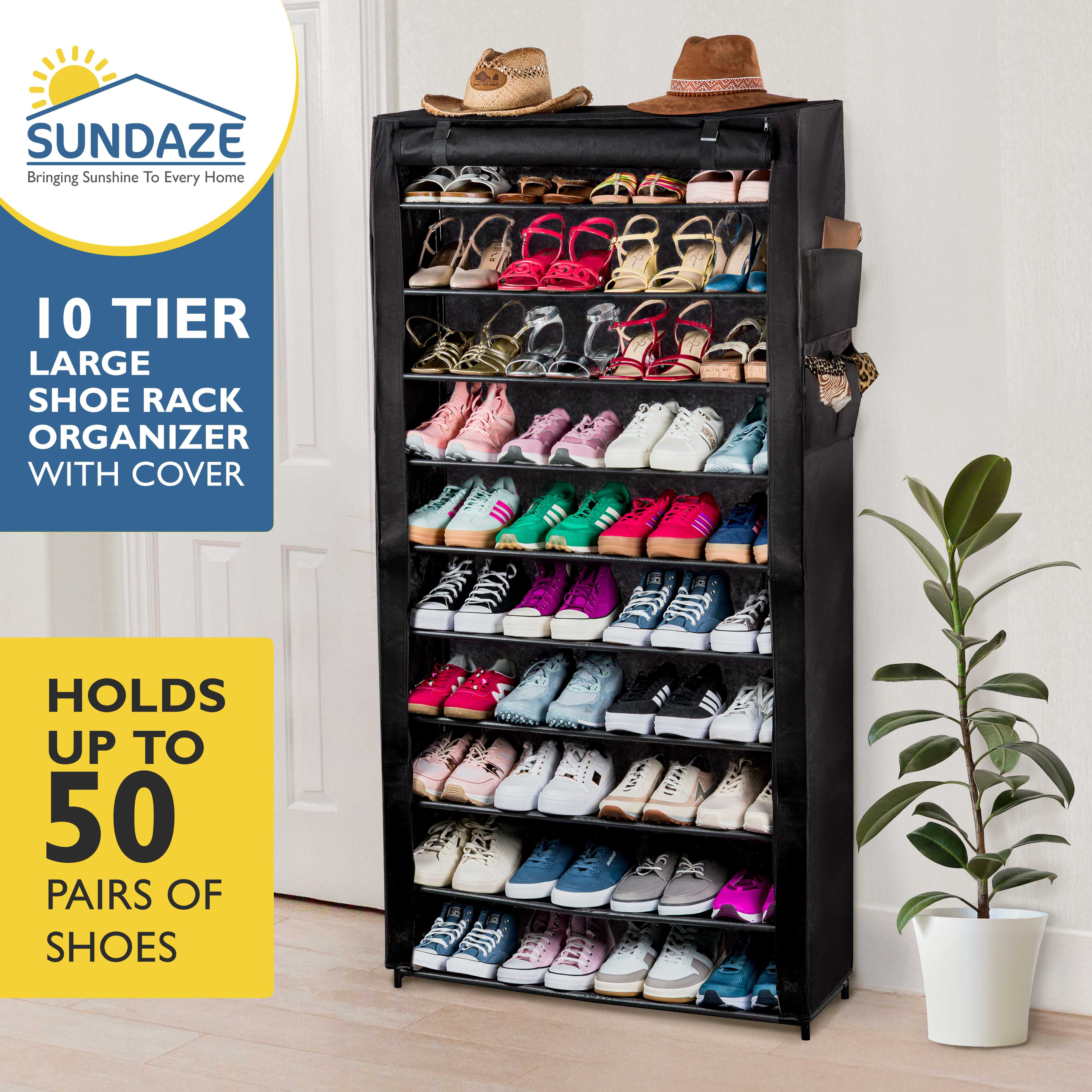 Sundaze Shoe Rack with Cover - 10 Tier Shoe Rack for Front Door Entrance, Sturdy Tall Shoe Organizer for Bedroom, Closet, Garage, Non Woven Fabric Shelf, Black, Holds Up to 50 Pairs