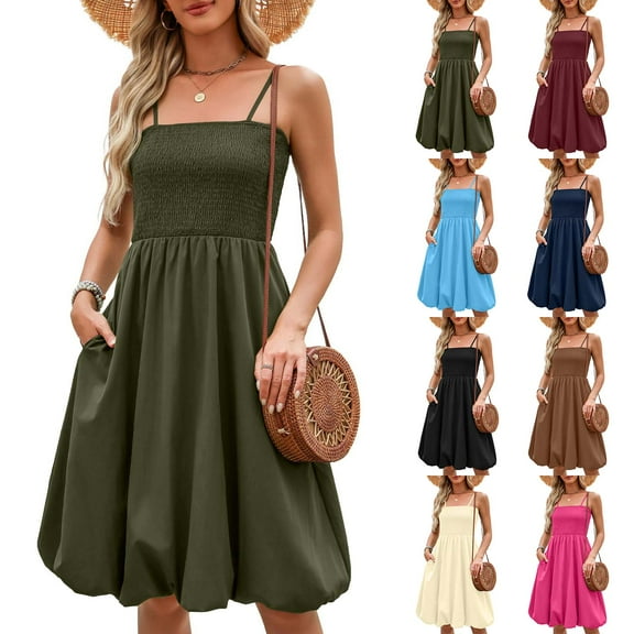 Womens Summer Boho Dress with Pockets Plus Size Sleeveless Square Neck Spaghetti Strap Sundresses Casual A-Line Flowy Ruffle Hem Midi Dresses Green L