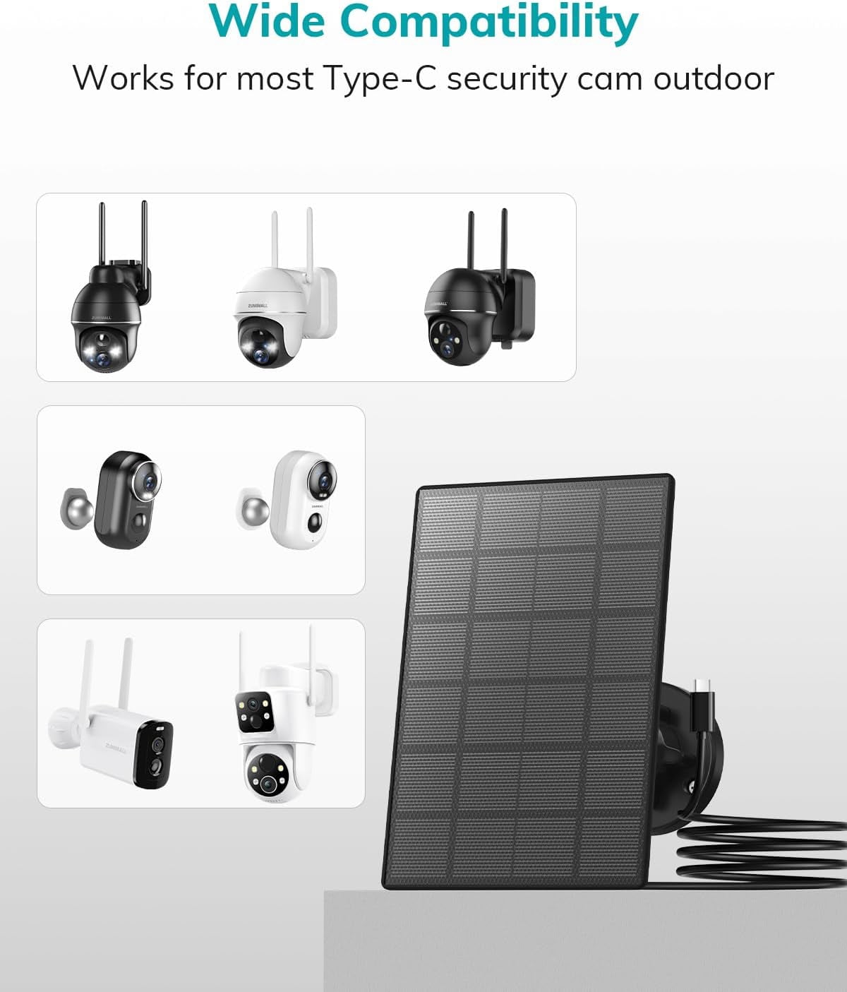 ZUMIMALL 3W Solar Panel for Security Cameras, IP66 Waterproof Solar Panel with 10ft Type C Cable,Black (Type C Port)