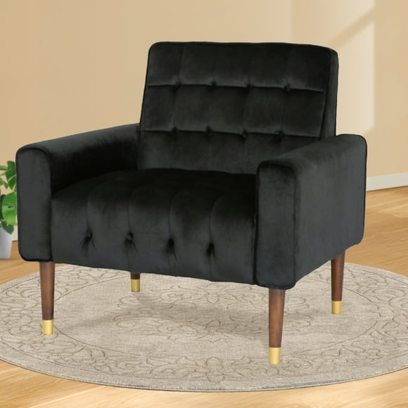 Velvet Accent Chair with Arms, Comfy Modern Tufted Armchair for Living Room or Bedroom, Stylish Black Velvet Chair, Perfect as a Reading Chair or Lounge Chair, Black Accent Chair