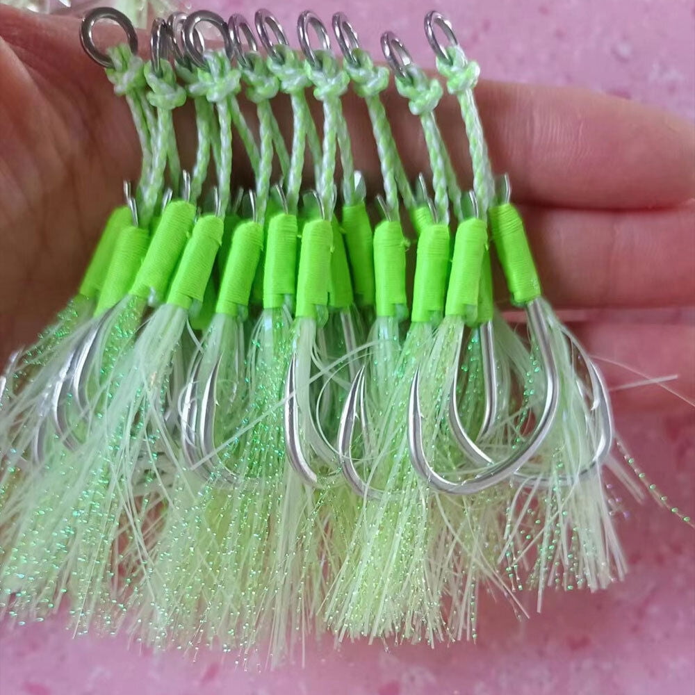 10 Pairs/lot Assist Hooks Luminous Double Jigging Saltwater Fishhook 1/0-5/0