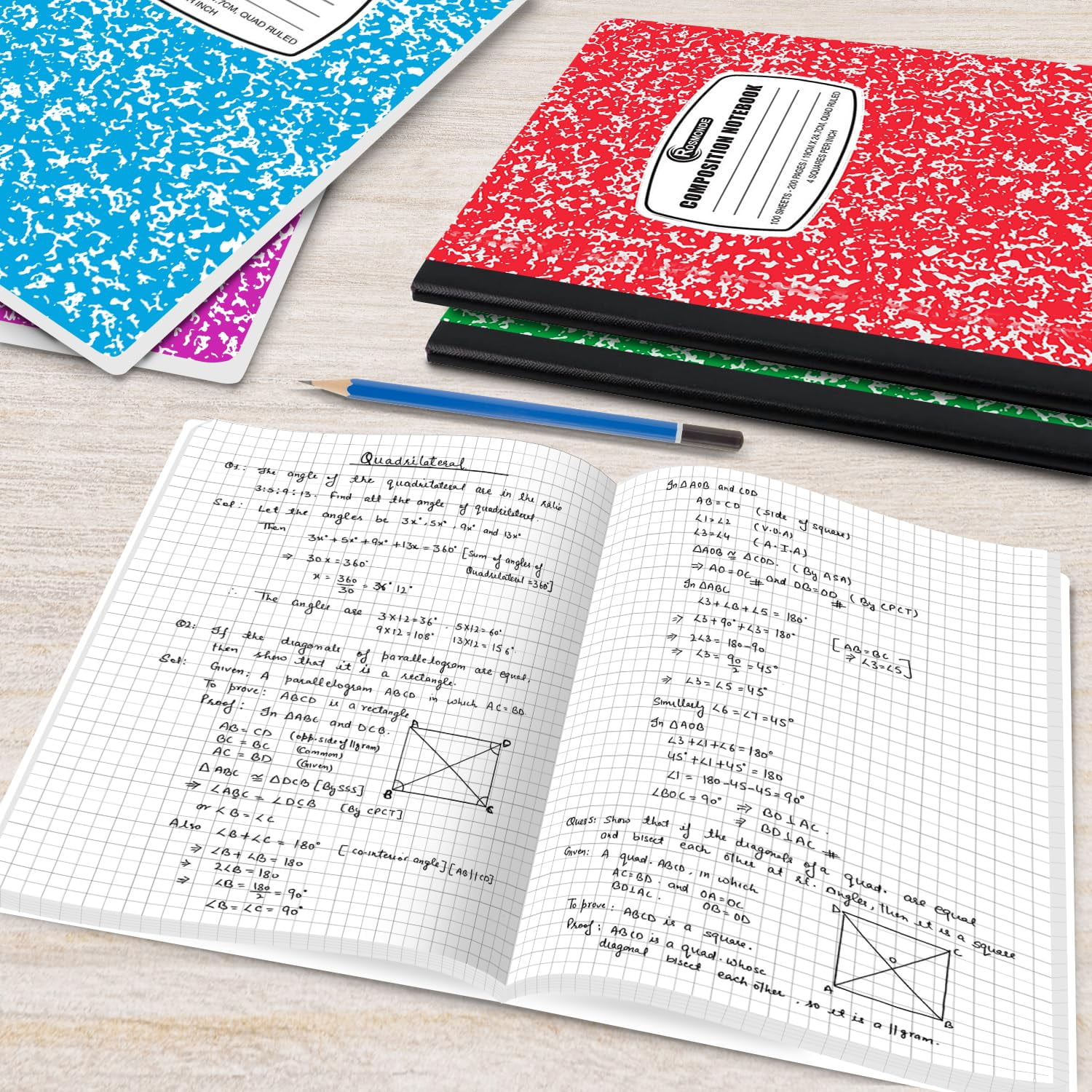 Bulk 50 Pack Quad Ruled Notebooks, 200 Pages Graph Composition Books for Office, Grid Paper Journals, Assorted Colors