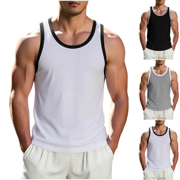 Men's Cotton Sleeveless Tank Top Breathable Moisture Wicking Crewneck Solid Color Black Trim Muscle Fit Gym Workout Casual Daily Essential Fashion Gift for Him | JASKFLY,Black L