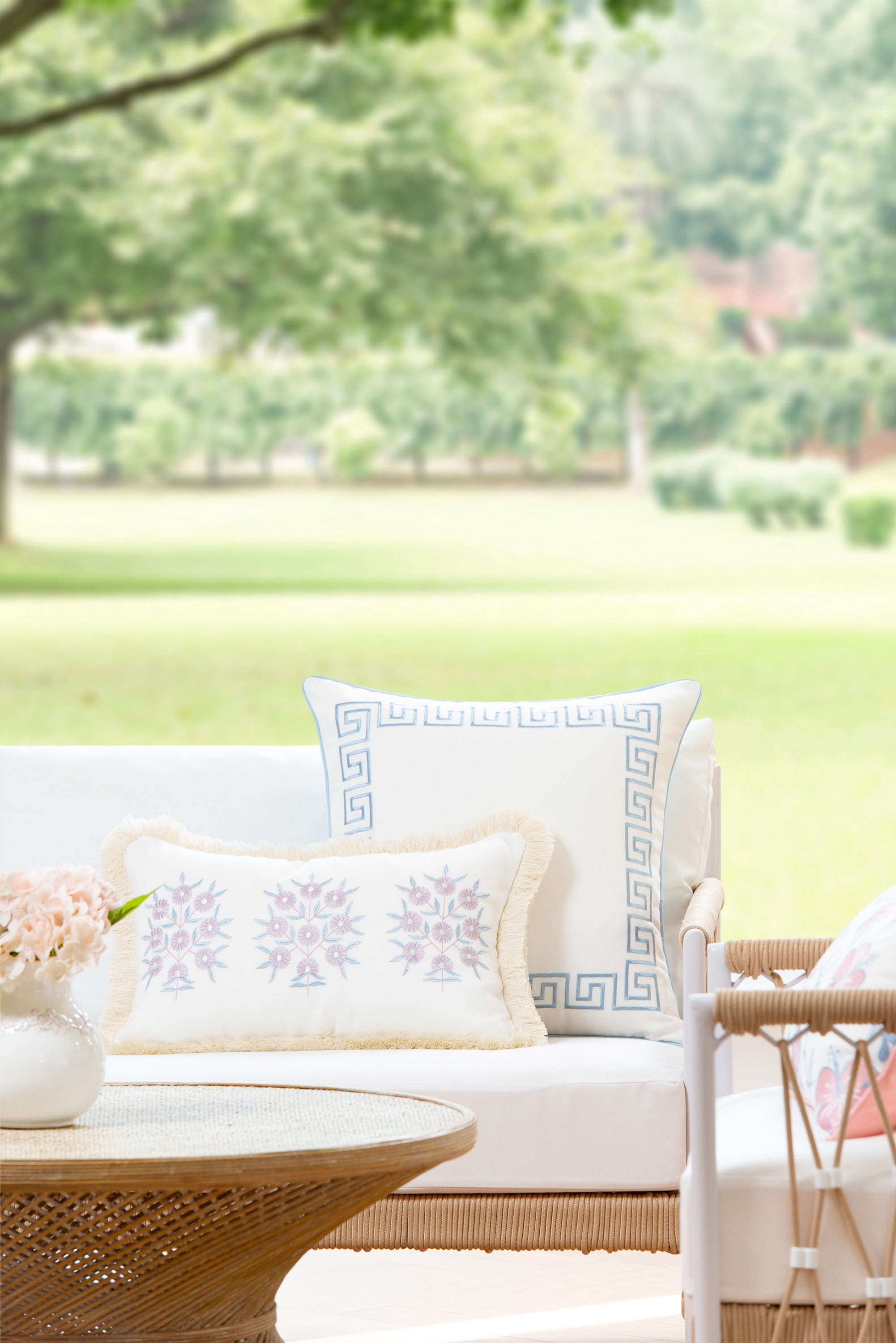 Hofdeco Premium Coastal Patio Indoor Outdoor Throw Pillow Cover Only, 20"x20" Water Repellent for Backyard, Couch, Baby Blue Embroidered Greek Key with Piping