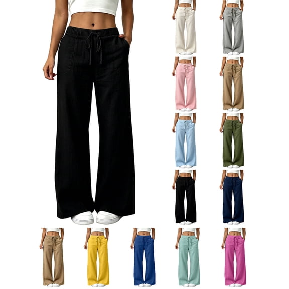 Hzzrkos Women Casual Solid Color Wide Leg High Waist Straight Pants Loose Fit Drawstring Trousers for Work Streetwear Black